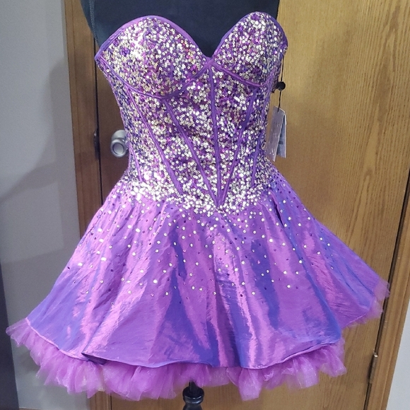 Jovani Sequined Mini Dress in Purple and Gold - Picture 1 of 11